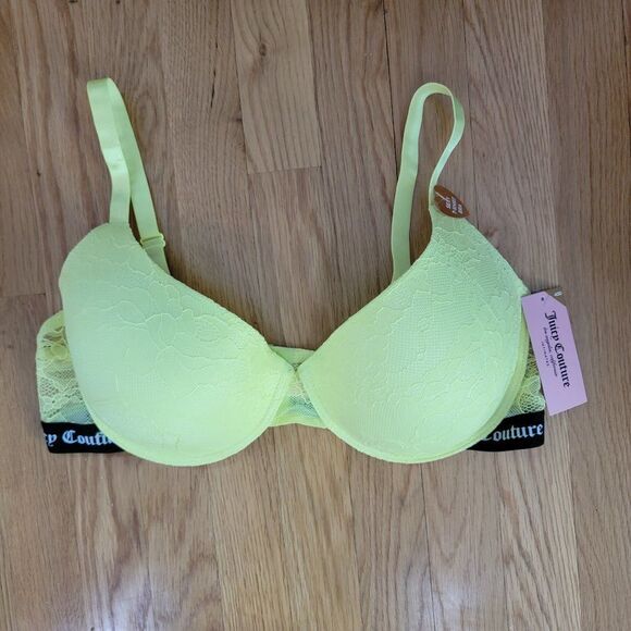 Juicy Couture Womens T-Shirt Bra Neon Yellow Lace lightlu padded- 40D - Picture 1 of 13